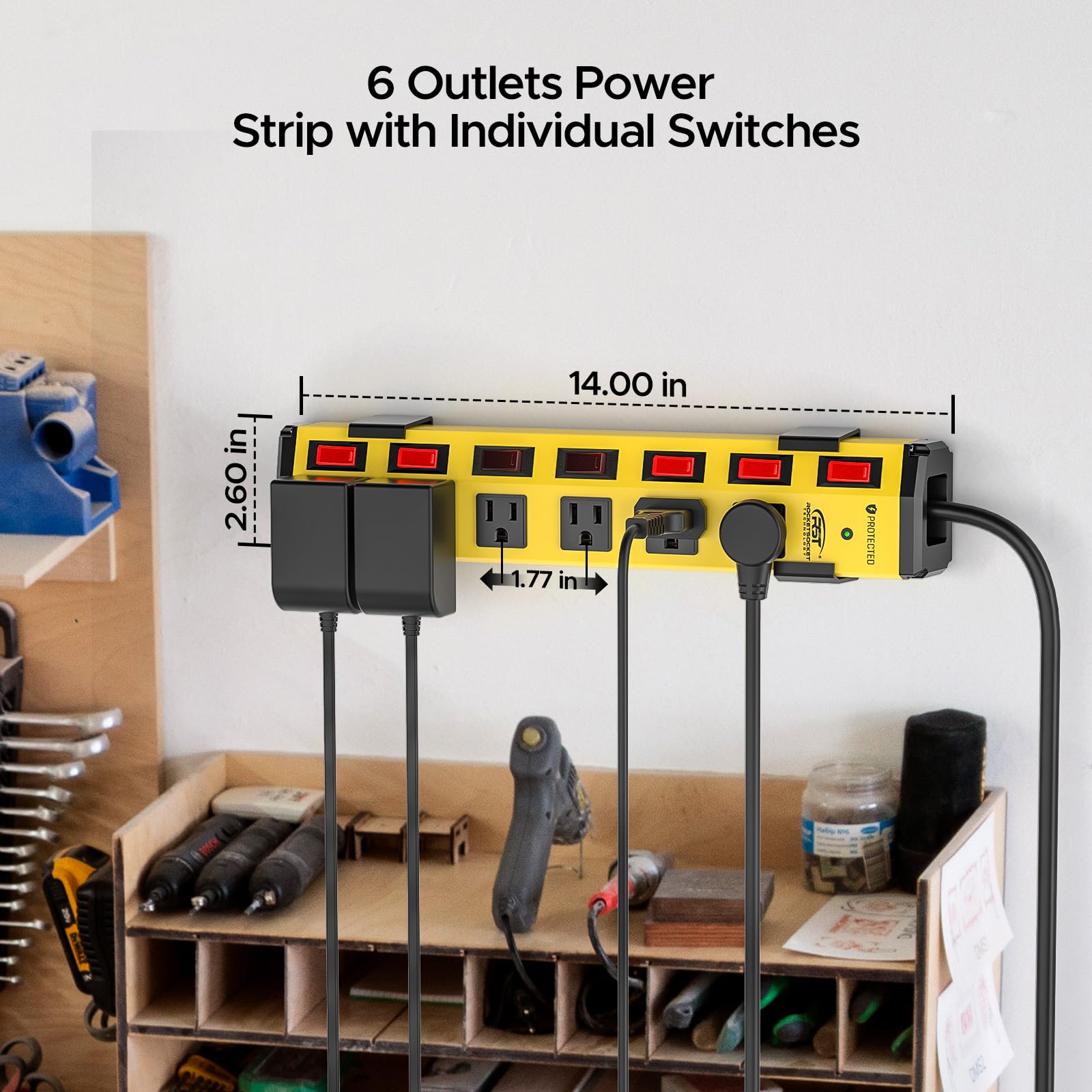 CRST Robuste Metall-Steckdosenleiste mit einzelnen Schaltern und flachem Stecker, 15 AMP/1875 W Überspannungsschutz (1200 Joule), 1,8 m langes 14 AWG Kabel mit Klettverschluss