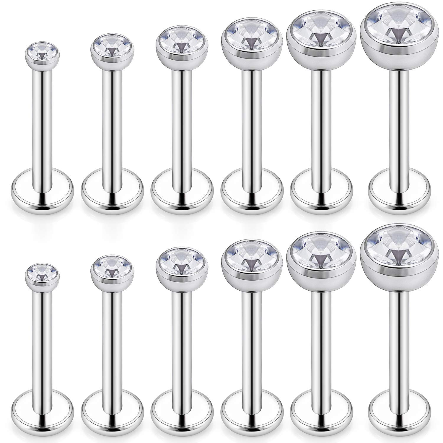 SCERRING 6 Pairs 16g Stainless Steel Jeweled Clear CZ Internally Threaded Labret Monroe Lip Tragus Cartilage Helix Earring Ring Body Piercing Jewelry
