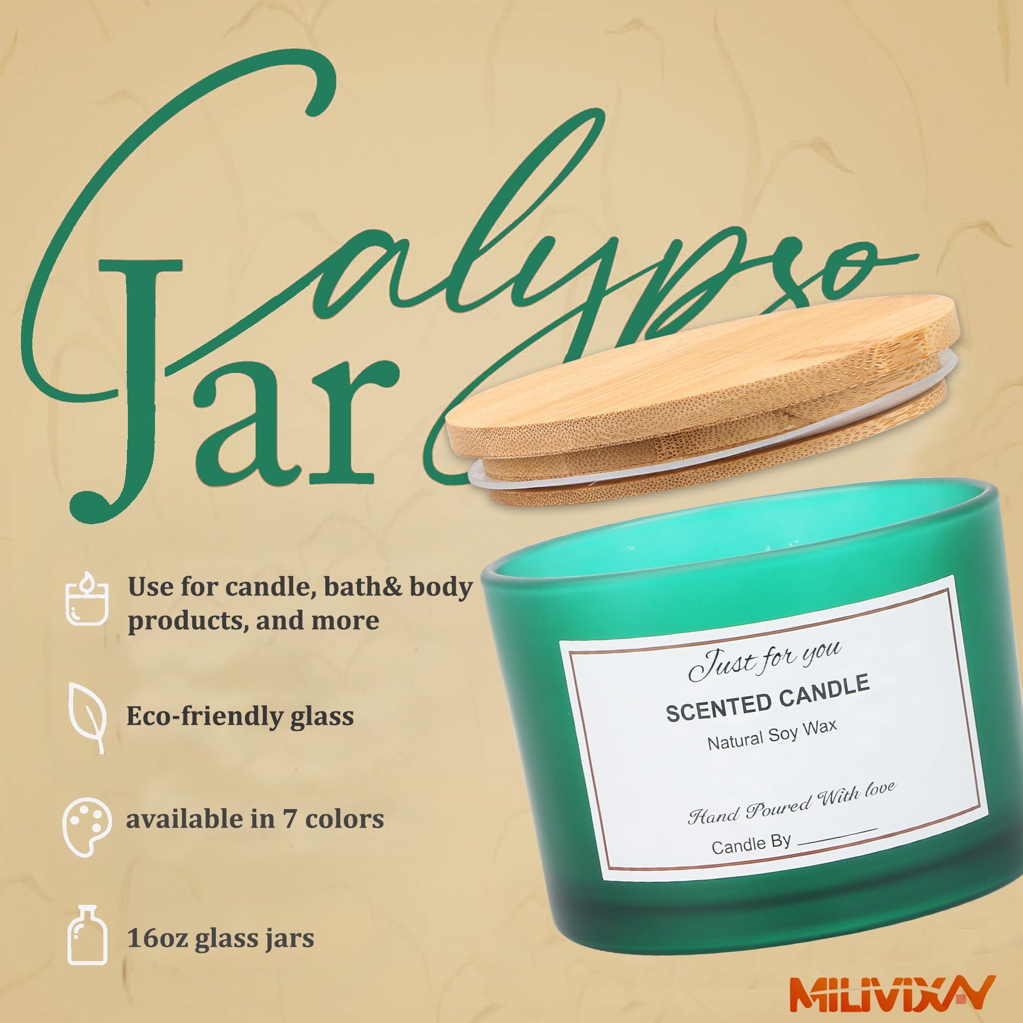 MILIVIXAY 16 Oz Matte Green Thick Glass Jars with Bamboo Lids for Candles - 3 Wick Making Kit