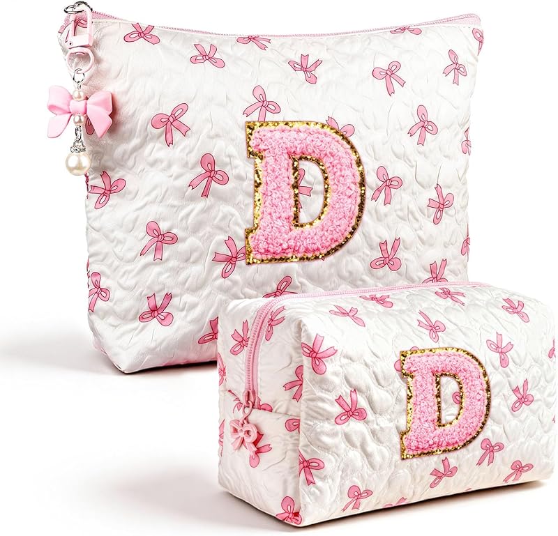 Necessaire de maquiagem Giftota com inicial, estampa de borboleta e laço, com zíper, conjunto com 2