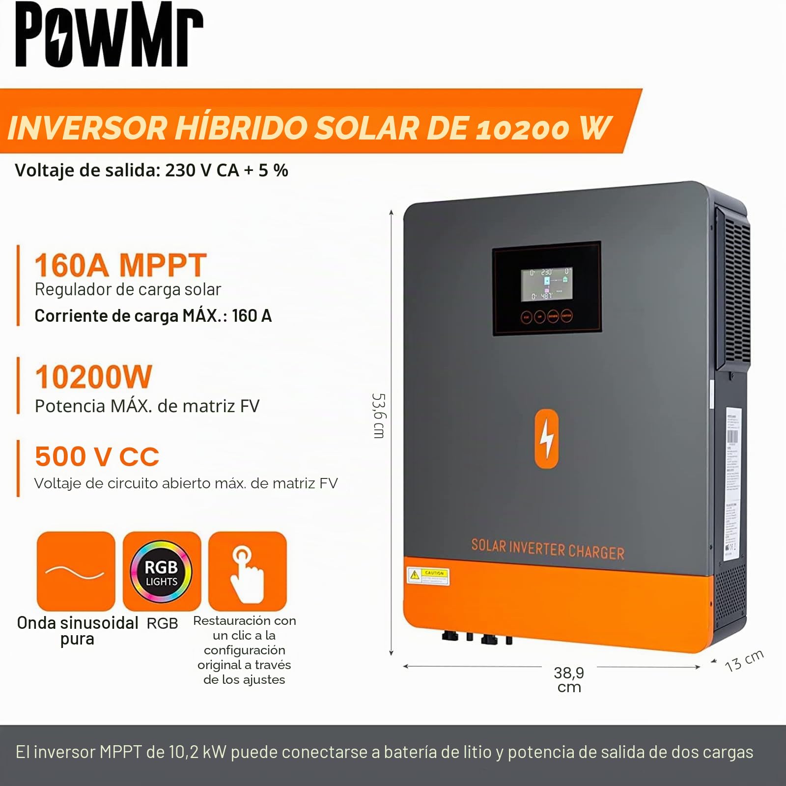 Inversor Híbrido Solar de 10200 W - 48 V CC a 220-230 VCA 10.2 KW Fuera de la Red Con Controlador de Carga MPPT de 180 A Para Hogar RV Sistema