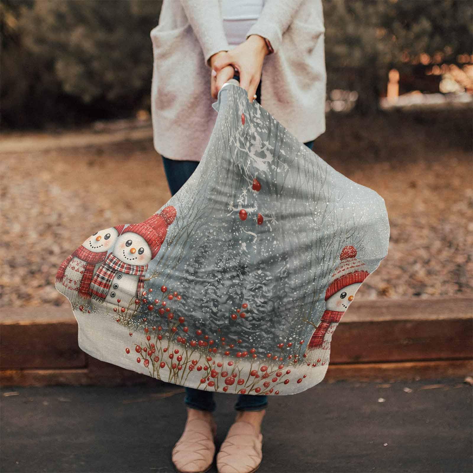 Nursing Cover for Breastfeeding Scarf, Christmas Winter Snow Forest Berries Snowman Scarf Retro Baby Car Covers Super Soft Multi Use for Canopy Shopping Cart Cover Blanket Stroller Cover