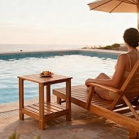 Vista 6 de Utoplike Mesa auxiliar de teca para exteriores, mesa auxiliar de doble capa, mesas de café de madera para patio trasero, jardín, cama, sala