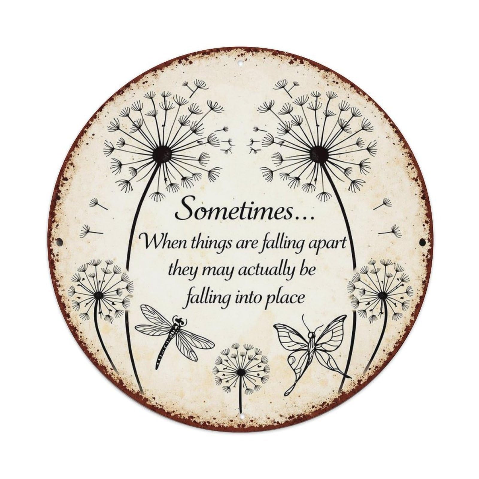 Dandelion Dragonfly Butterfly Quote Circle Vintage Round Tin Sign Retro Metal Wall Decor Metal Poster, Home Bar Garage Cafe Wall Art Decoration 8x8Inches