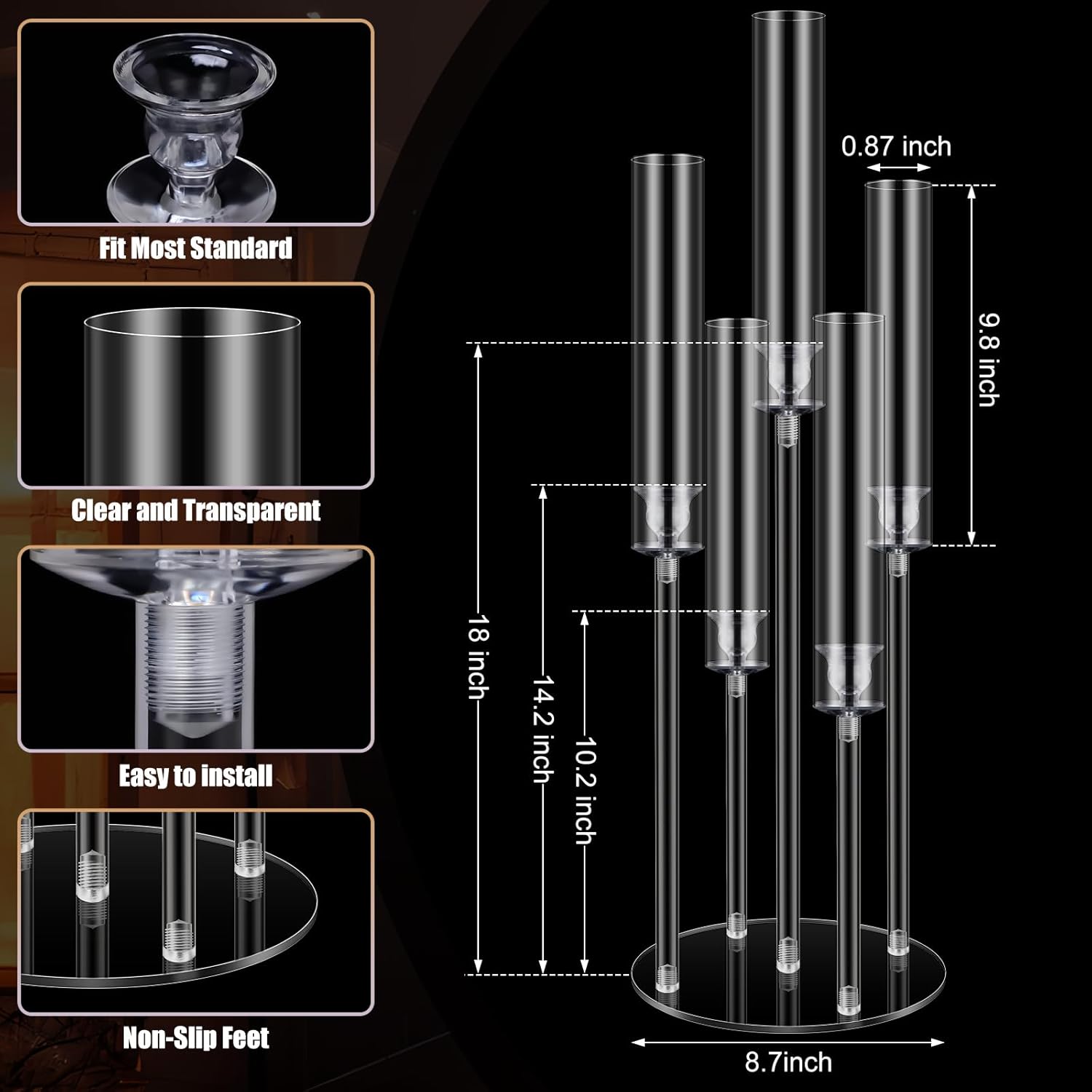 1 Set 5 Arm Acrylic Candelabra Holder for Wedding Table Centerpiece 27inch Tall Floor Clear Candle Centerpieces with LED Candles and Shade for Proposal Ceremony Birthday Party Home Decor