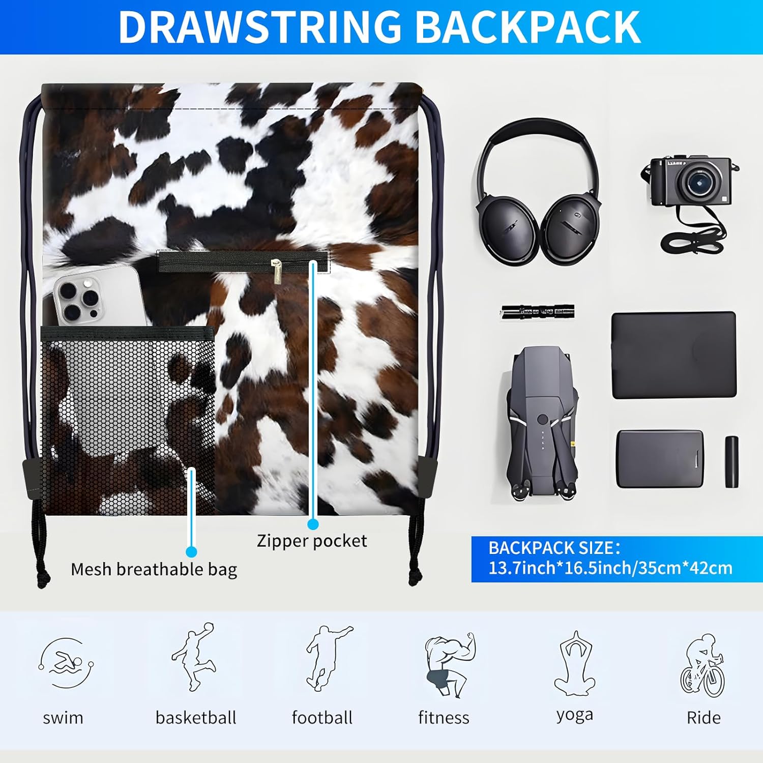 Drawstring Backpack Sports Gym Bag, Large String Swim Bag for Beach With Water Bottle Mesh Pocket, Cute Gym Sack with Zipper Pocket for Men Women Cute Brown Cowhide - Image 4