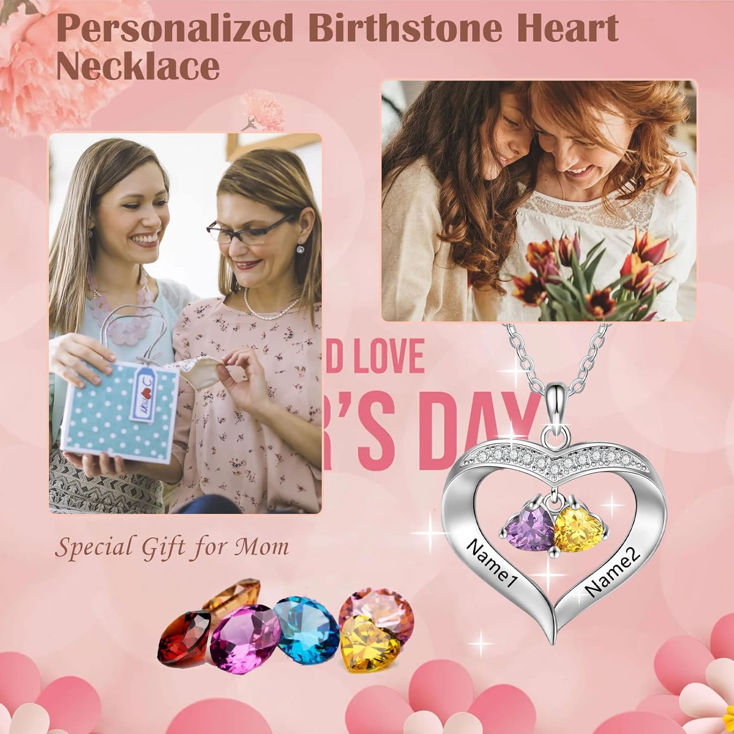 10K/14K/18K Gold Real Diamond Personalized Heart Birthstone Mom Necklace 2 Birthstones Custom Engraved 2 Names Necklace Mother's Day Jewelry Gift - Image 6