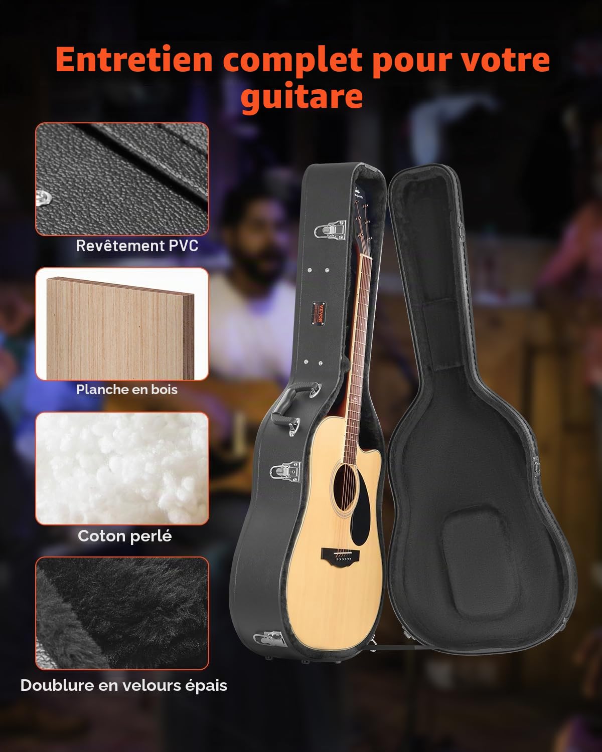 VEVOR Étui Guitare Acoustique Rigide Forme Gourde 1100 mm avec Verrouillage Clés, Poignée, Rembourrage PVC, Doublure Souple, Résistants à l'Eau, pour Guitares Acoustiques de 39-41 po 99-104 cm, Noir