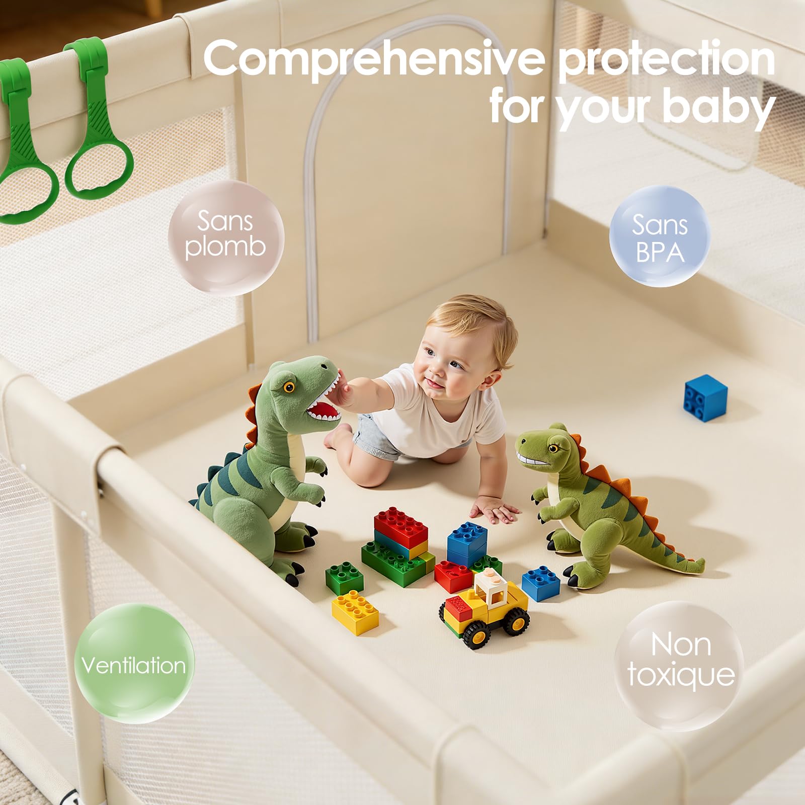 Beige Parc Bebe 120 × 120cm - Petit Parc Enfan Parc de Jeux Bébé | Parc Bebe Maille Respirante，pour Appartements Park, Facile à nettoyer Oxford, Maille Transparente Sans BPA