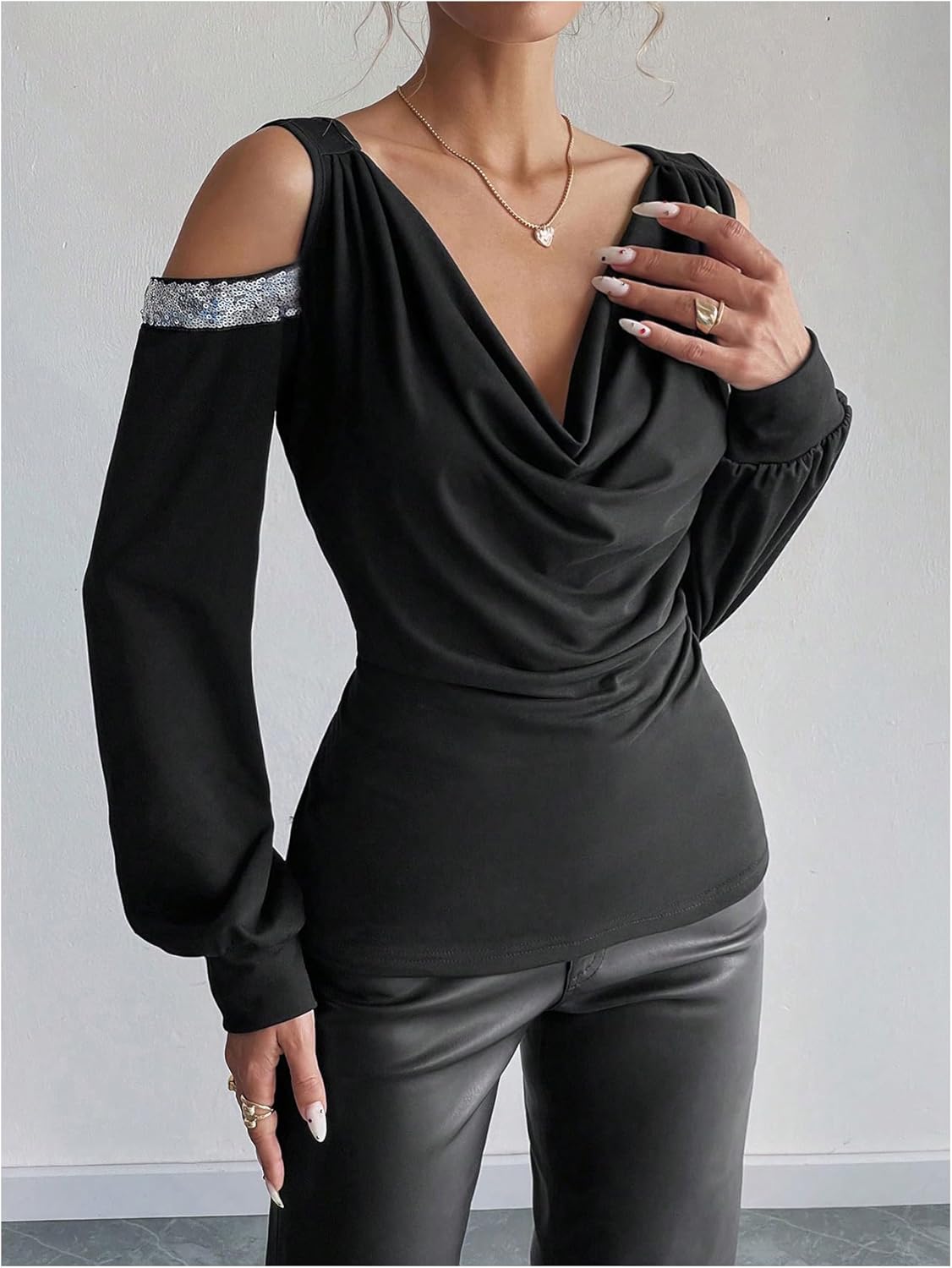 Floerns Women's Elegant Halter Blouses Cold Shoulder Bishop Rhinestone Dressy Tops - Image 5