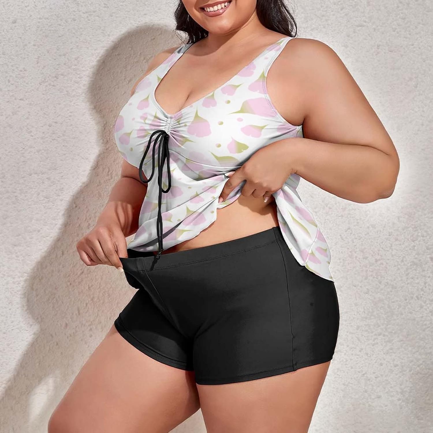 Plus Size Tankini Swimsuits for Womens Pink Red Floral Flowers Seamless Pattern Tankini Bathing Suit Tummy Control Swim Dress Two Piece Spring Summer Flower Swimsuits with Shorts