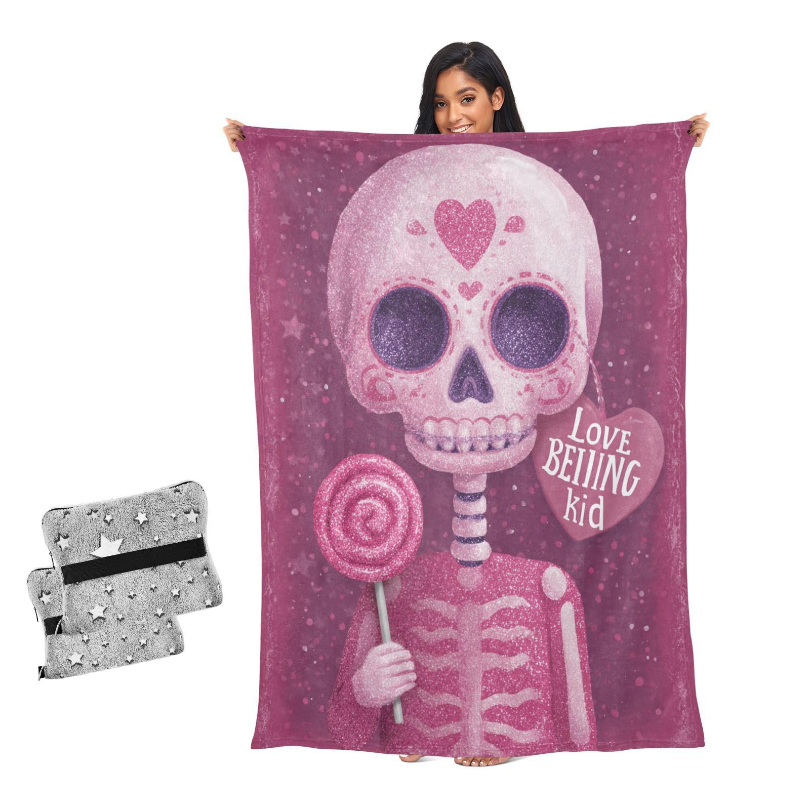Couverture femme au joli motif tête de mort pour cocooning sur le canapé