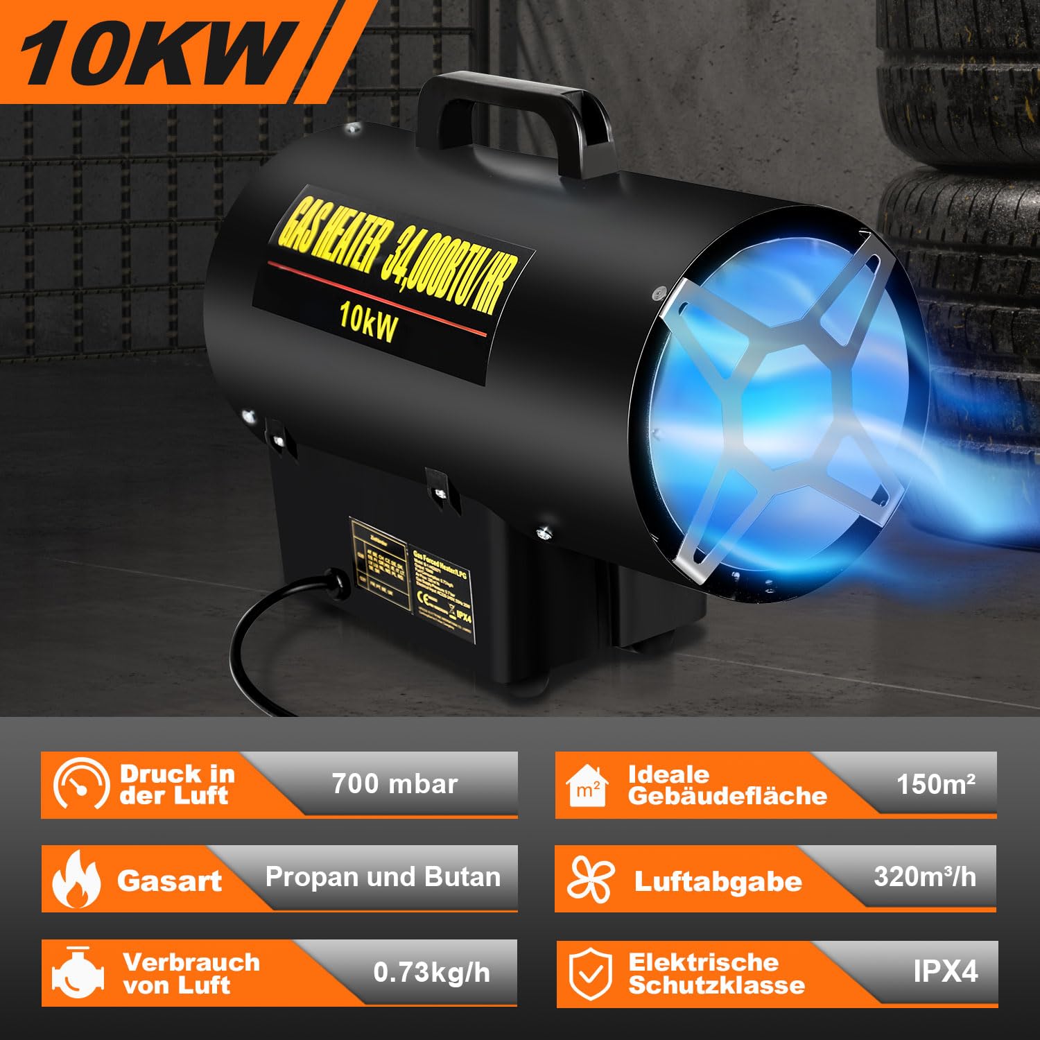 Eulenke 10 kW Gasheizgebläse Gasheizer Luftdurchsatz 320 m³/h, Gasheizstrahler inkl. Gasschlauch & Druckminderer, Heizkanone Heißluftgenerator Bauheizer mit Überhitzungsschutz