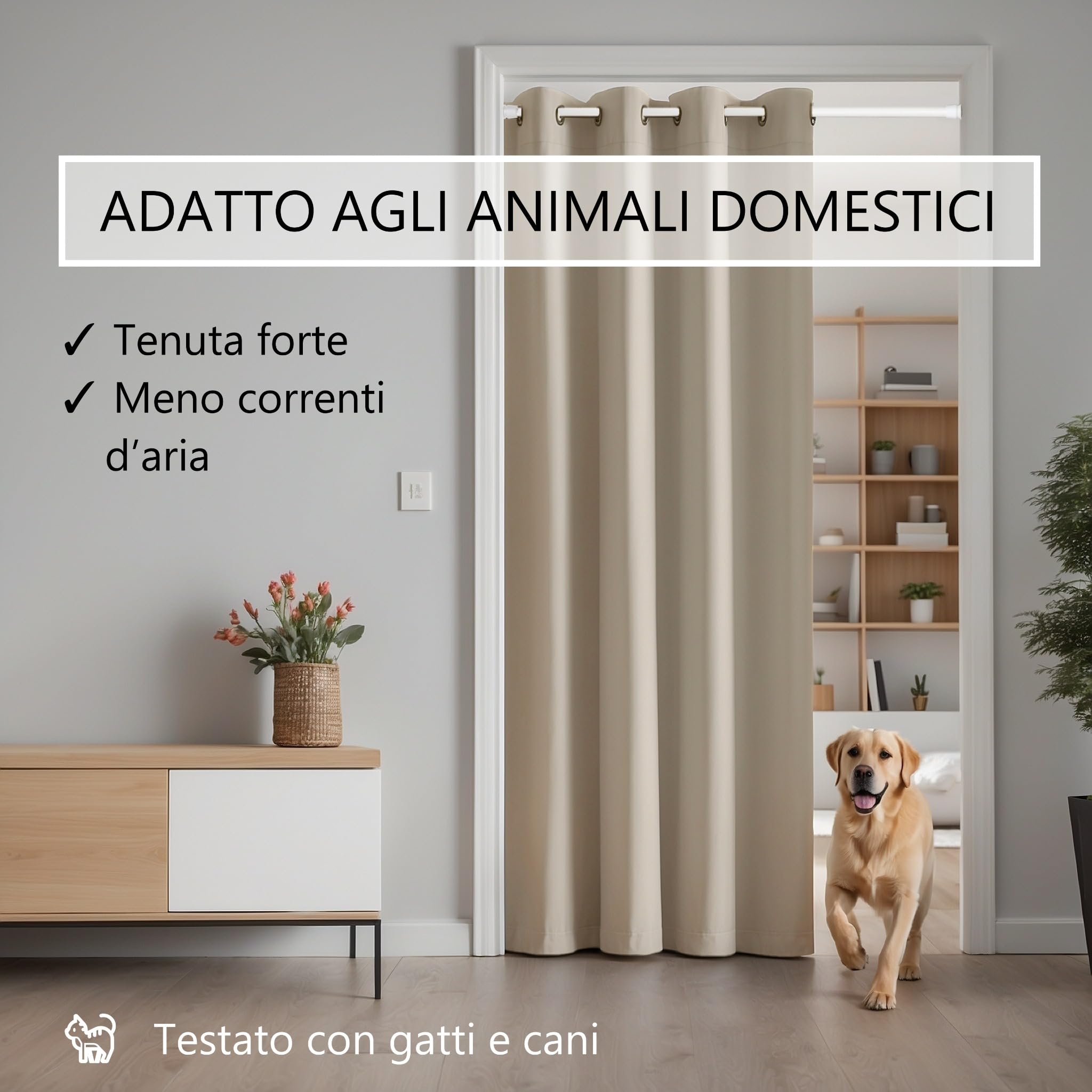 tenda per porta o armadio con asta telescopica, facile da installare in 1 solo minuto senza forare (tenda beige + asta bianca, larghezza porta 55-90 cm)