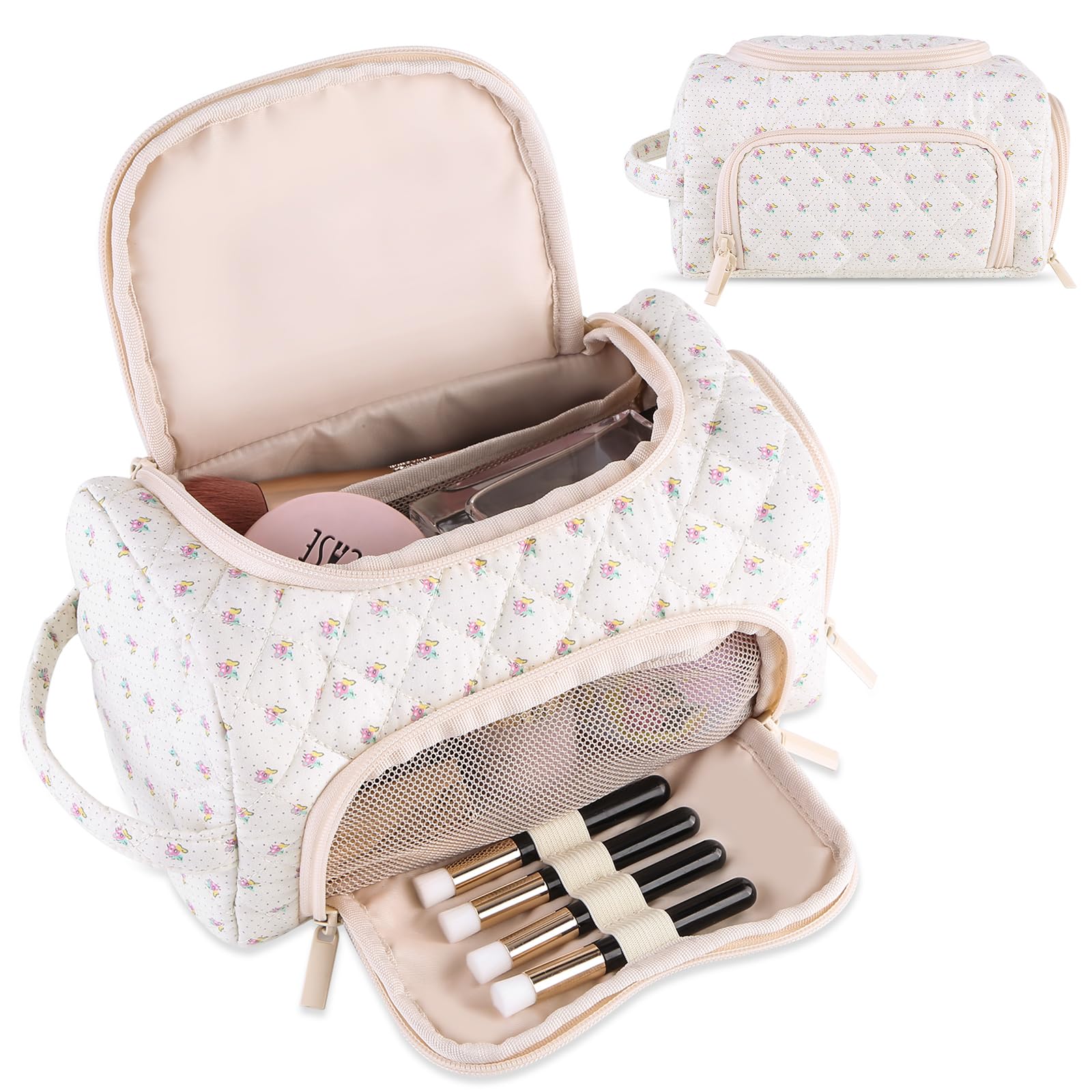 Lushandy Cute Floral Makeup Bag, Coquette Aesthetic Cosmetic Bag Large quilted puffer Makeup Bag Organizer Large Travel Toiletry Bag