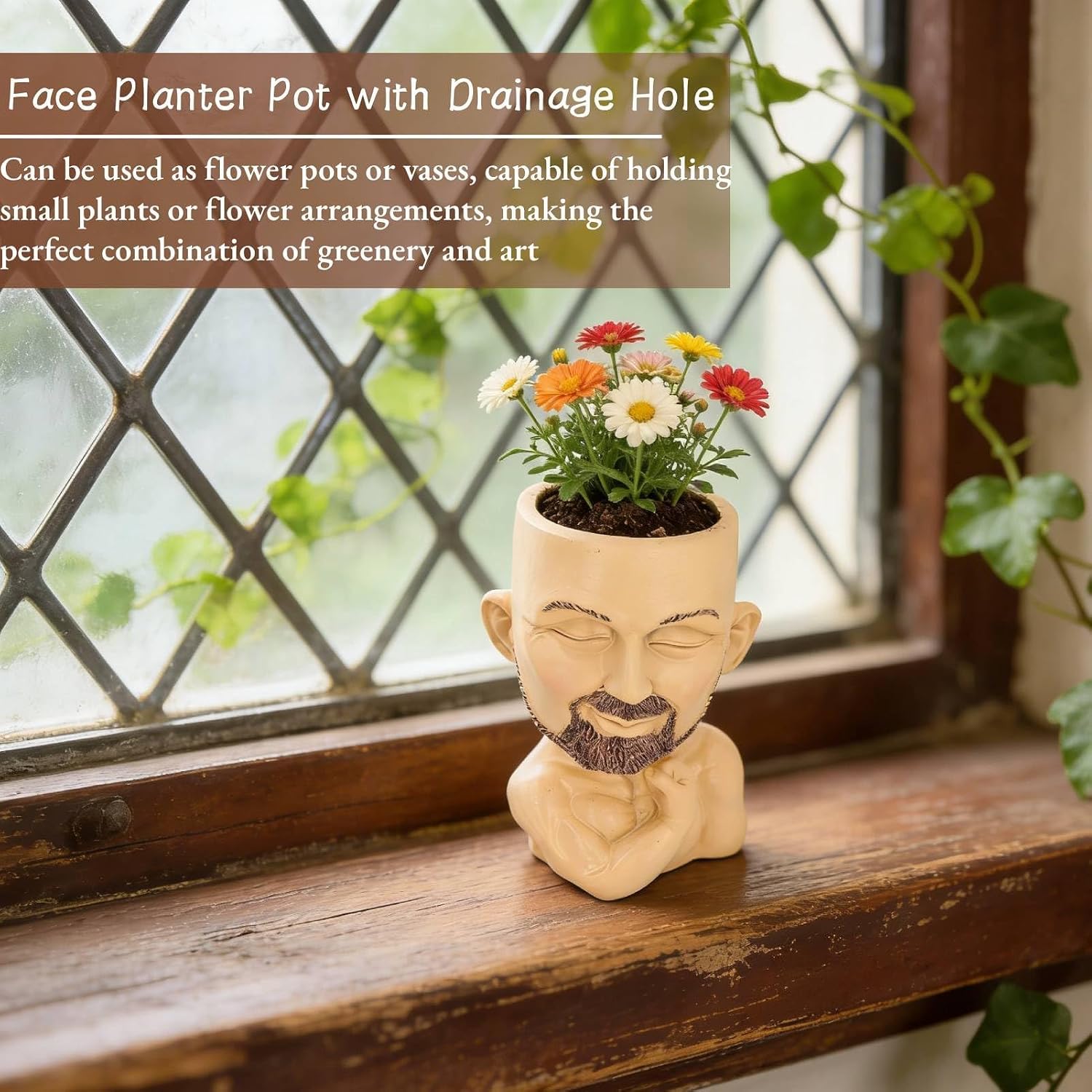 HERCHR Muscular Man Face Planter Pot, Face Flower Pot Head Planter Cute Planters for Indoor Plants, Succulents, Resin Men Head Vase with Drainage Hole for Indoor Outdoor Garden Decor