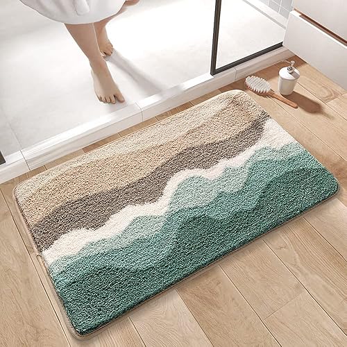 YYINYUAN Alfombras de baño verdes esponjosas, tapete de baño de microfibra suave, tapete para bañera de ducha, tapete estético pequeño (onda, 24 x