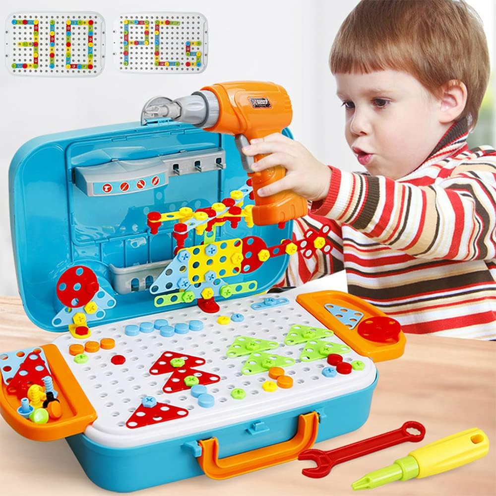 Drill Toys for 3 4 5 Year Old Boys Creative Mosaic Design Construction Building Blocks 3D Puzzle Toys Kit with Storage Pegboard Box for Kids Girls Take Apart STEM DIY Educational Drill Set Gift