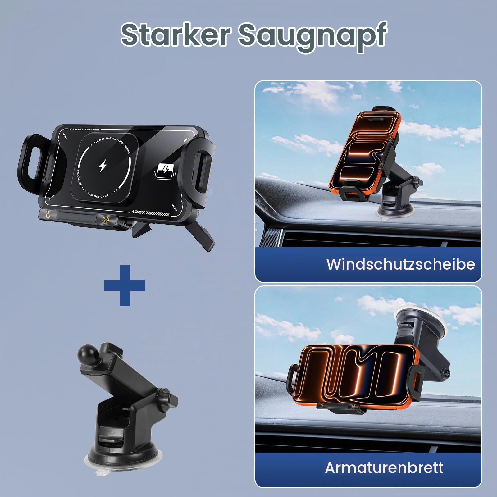 Handyhalterung Auto mit Ladefunktion - 15W Schneller Kabelloser Qi Wireless Charger Auto mit Saugnapf & Lüftungsclip für Z Fold 7/6/5/4/3/2, Induktive Ladestation Auto mit Einhandbedienung