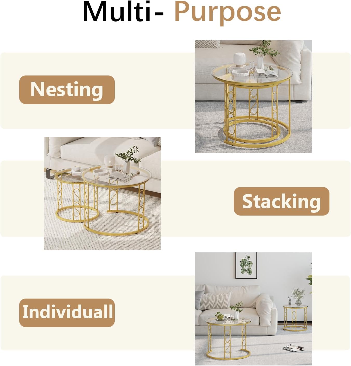 Garden 4 you Nesting Coffee Table, 23.6" Round Coffee Table Set of 2, Glass Nesting Table with Metal Frame, Ceter Tables for Living Room Bedroom Balcony, Gold