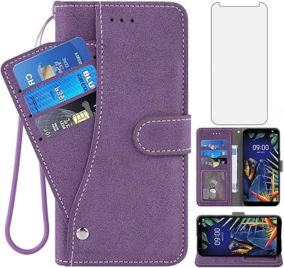 Compatible with LG K40/K12 Plus/X4 2019/Solo LTE/Xpression Plus 2/Harmony 3 Wallet Case Tempered Glass Screen Protector Flip Cover Card Holder Cell Phone Cases for LGK40 K 40 40K L423DL LMX420 Purple