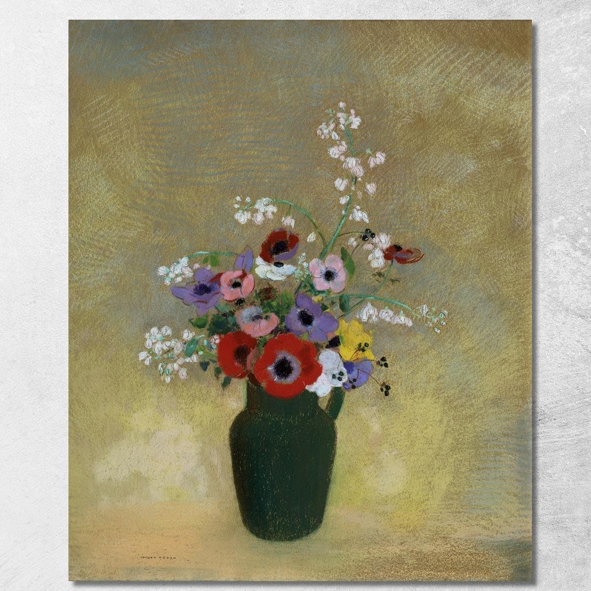Tableau Odilon Redon grand vase vert fleurs mixtes 100x80 cm - 7