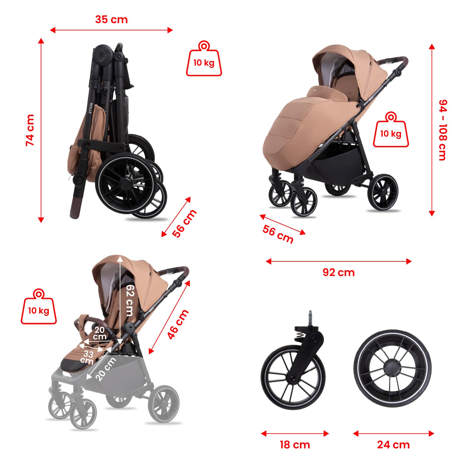 Babylux Poussette de Voyage ROLLE avec Fonction Allongée, Couleur: Latte | Poussette, Petite Et Légère, Poignée Télescopique, Pliage Compact, Sac À Langer, Sac De Voyage Et Autres Accessoires