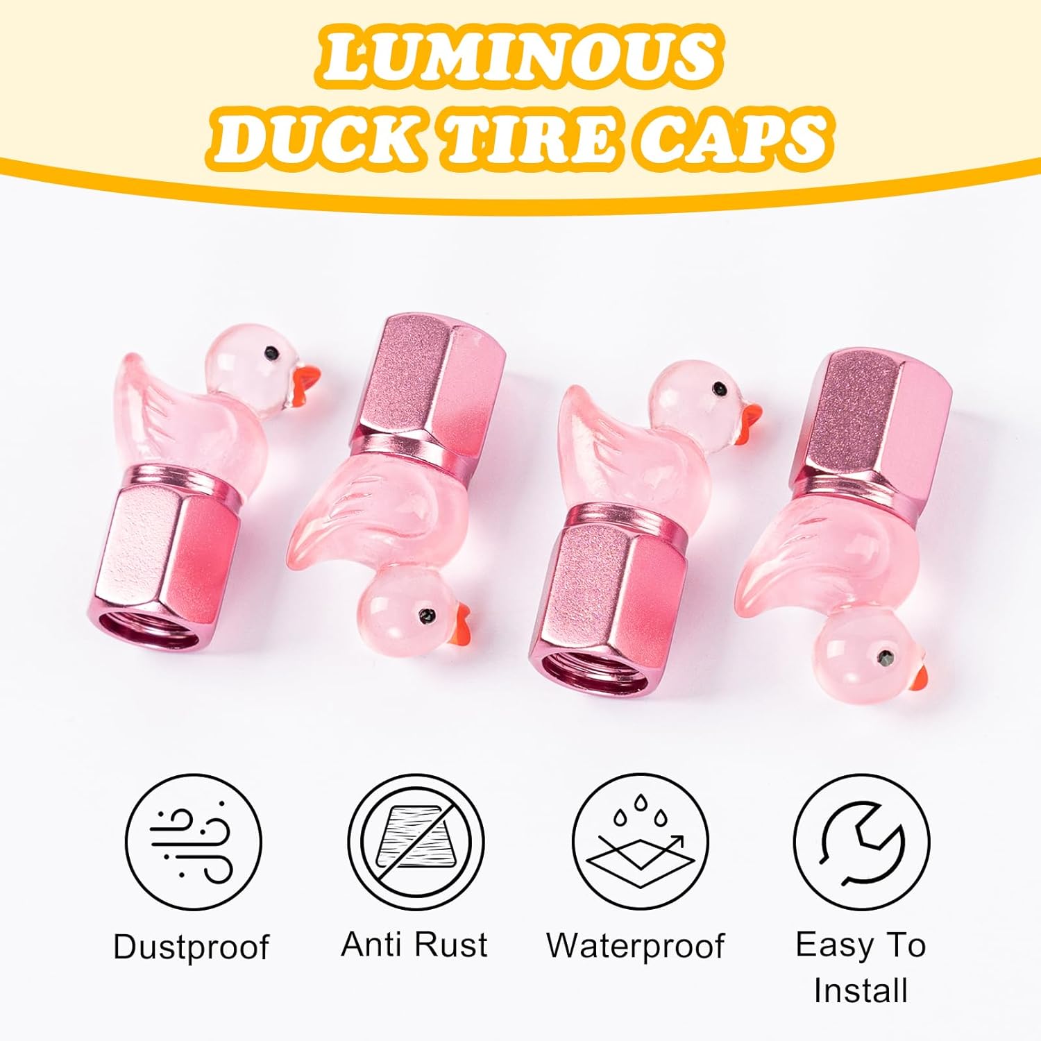 4 Pack Duck Tire Stem Caps, Glow in The Dark Tire Valve Caps, Cool Funny Tire Air Valve Cap, Universal Replacement Tire Cap Covers for Cars Bikes Motorcycles Trucks (Pink) - Image 5