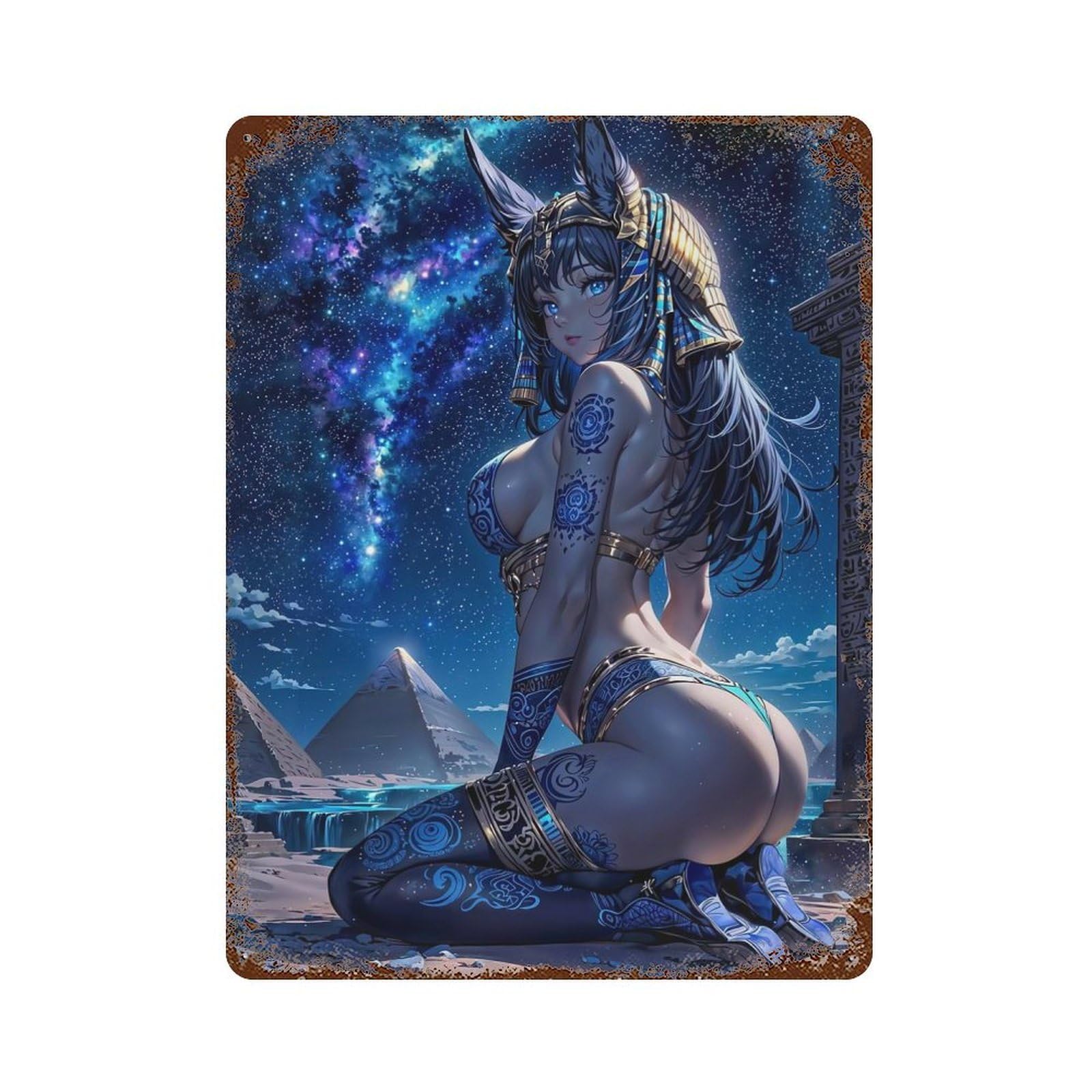 Egyptian Anime Goddess Distressed Metal Wall Sign 15.7"x11.8", for Garage, Bar And Workshop Decor, Decorative Metal Wall Art