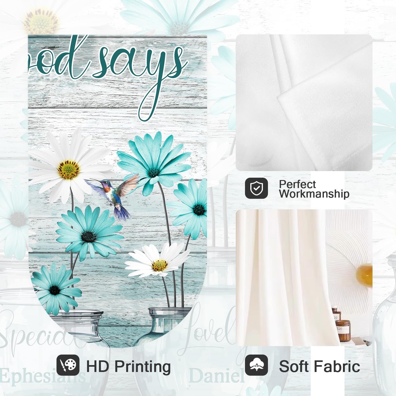 Coxila Teal Floral Kitchen Window Curtains 27.5 x 39 Inch Small Short Mini Cafe Rod Pocket Turquoise Aqua Flower White Daisy Fun Living Bedroom Room Home Treatment Set of 2 Curtain Panels Drapes Tiers