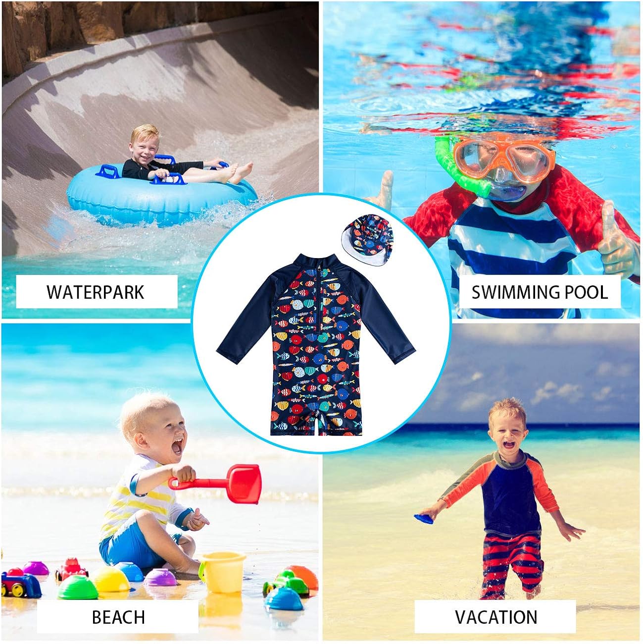 uideazone Little Boys Long Sleeve One Piece Swimsuit Rash Guard with Sun Hat UPF 50+ Sun Protection 3-24 Months: Clothing, Shoes & Jewelry
