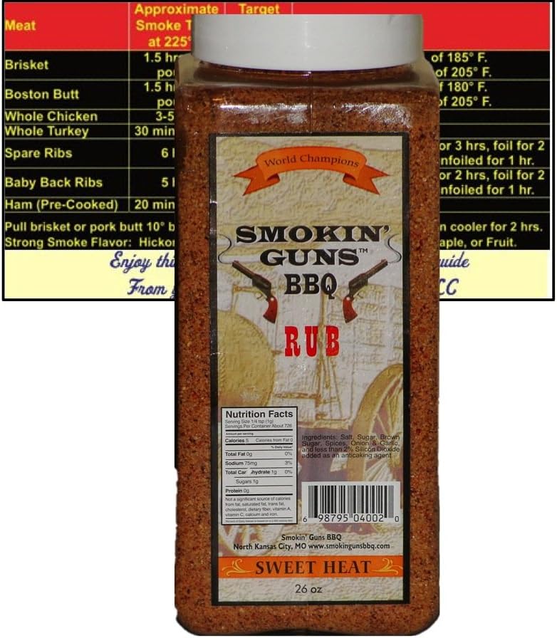 Smokin Guns BBQ Rub Sweet Heat Large 1.6 Pound (26 oz) Bottle with Complimentary Miniature Meat Smoking Guide Magnet Bundle