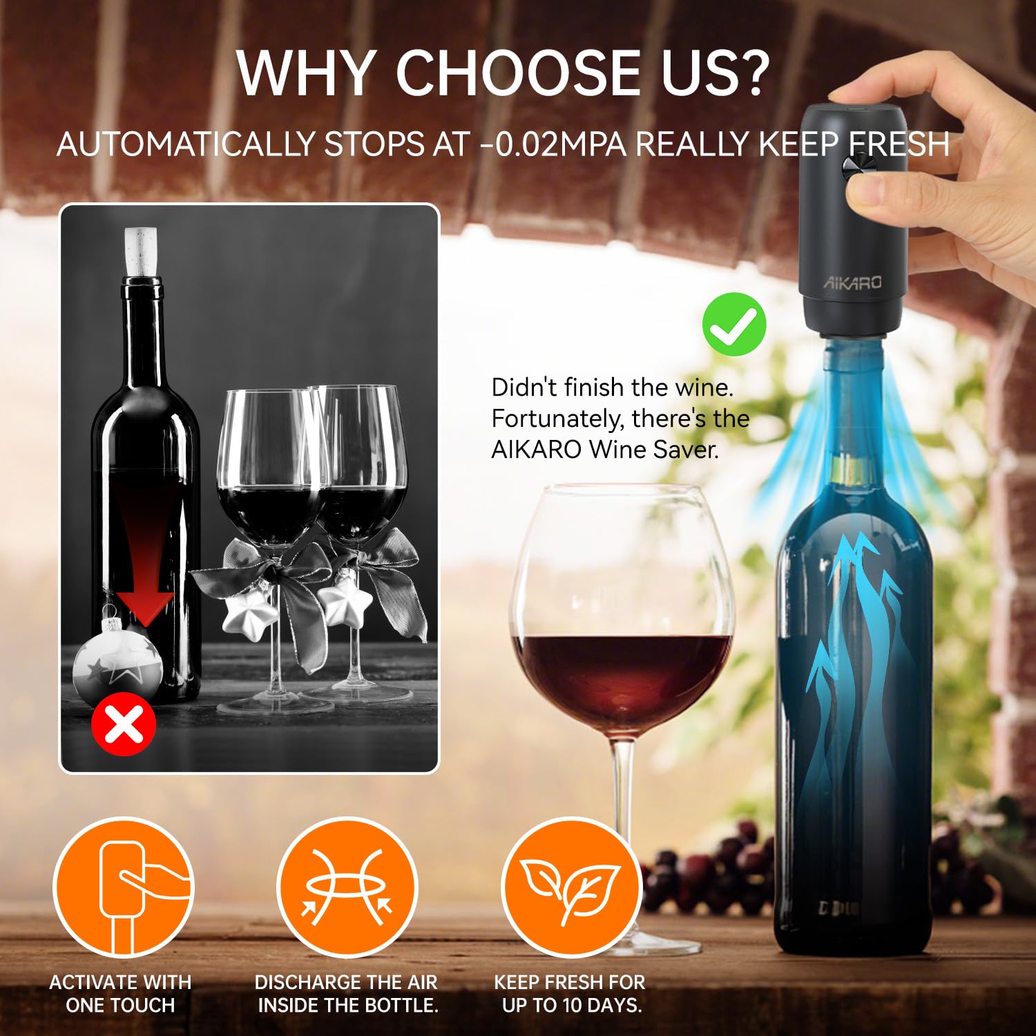 AIKARO - Pompa a vuoto elettrica per vino con 2 tappi, conservatore automatico di vino, ricaricabile