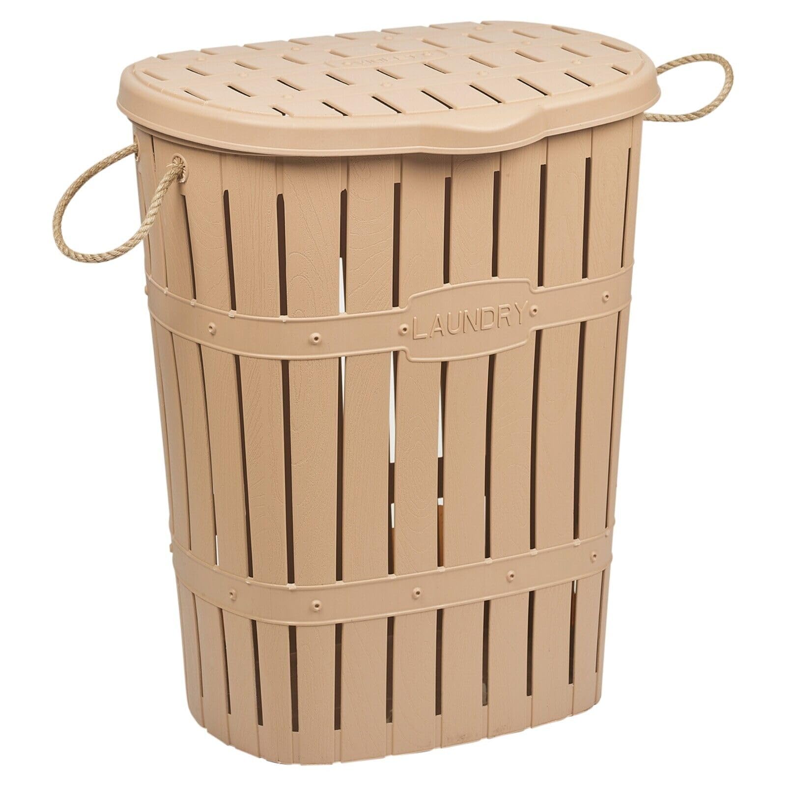 Urbnliving Beige 65L Bamboo Look Clothes Storage Laundry Washing Basket Hamper Rope Handles & Lid (Beige)