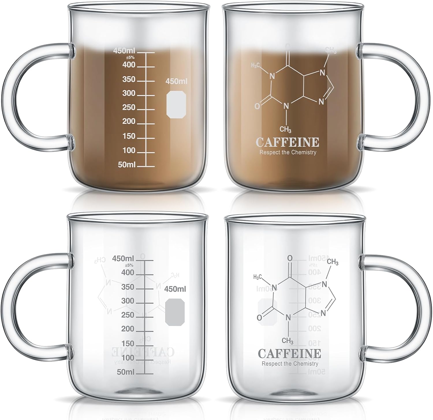 Hsei 4 Pack 16 oz Caffeine Beaker Mug Caffeine Molecule Mug with Handle Graduated Beaker Coffee