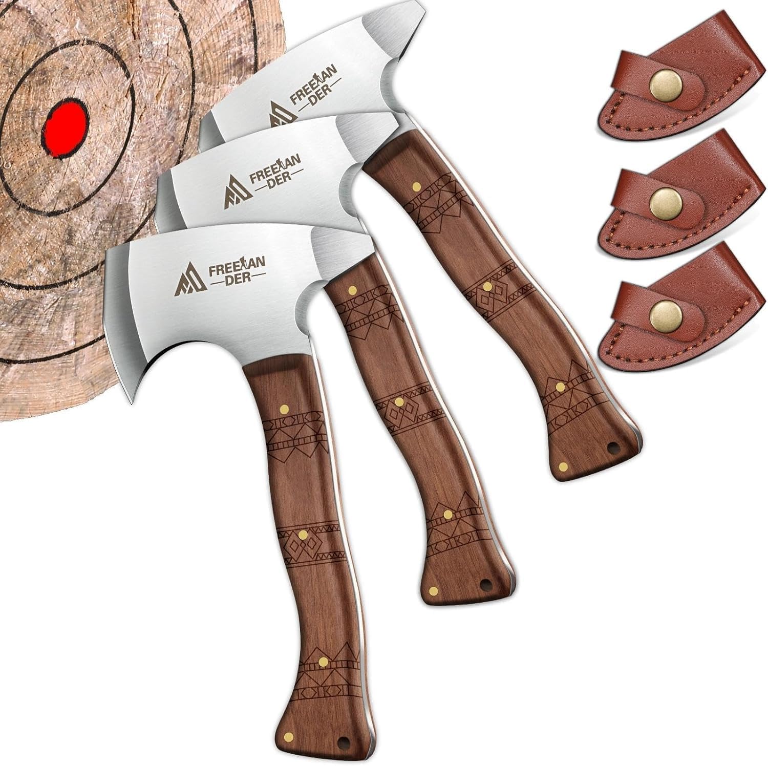 Freelander 7.9'' Throwing Axe Set with Leather Sheath, 3 Pack High Carbon Stainless Steel Small Throwing Axes Hatchet for Adults, Men & Women, Ergonomic Wood Handle for Competition and Recreation