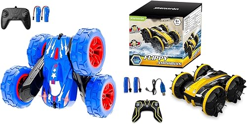 STEMTRON Auto de control remoto azul de 2.4 GHz, auto de acrobacias a control remoto de doble cara que corre rápido y VOLANTEXRC amarillo anfibio a