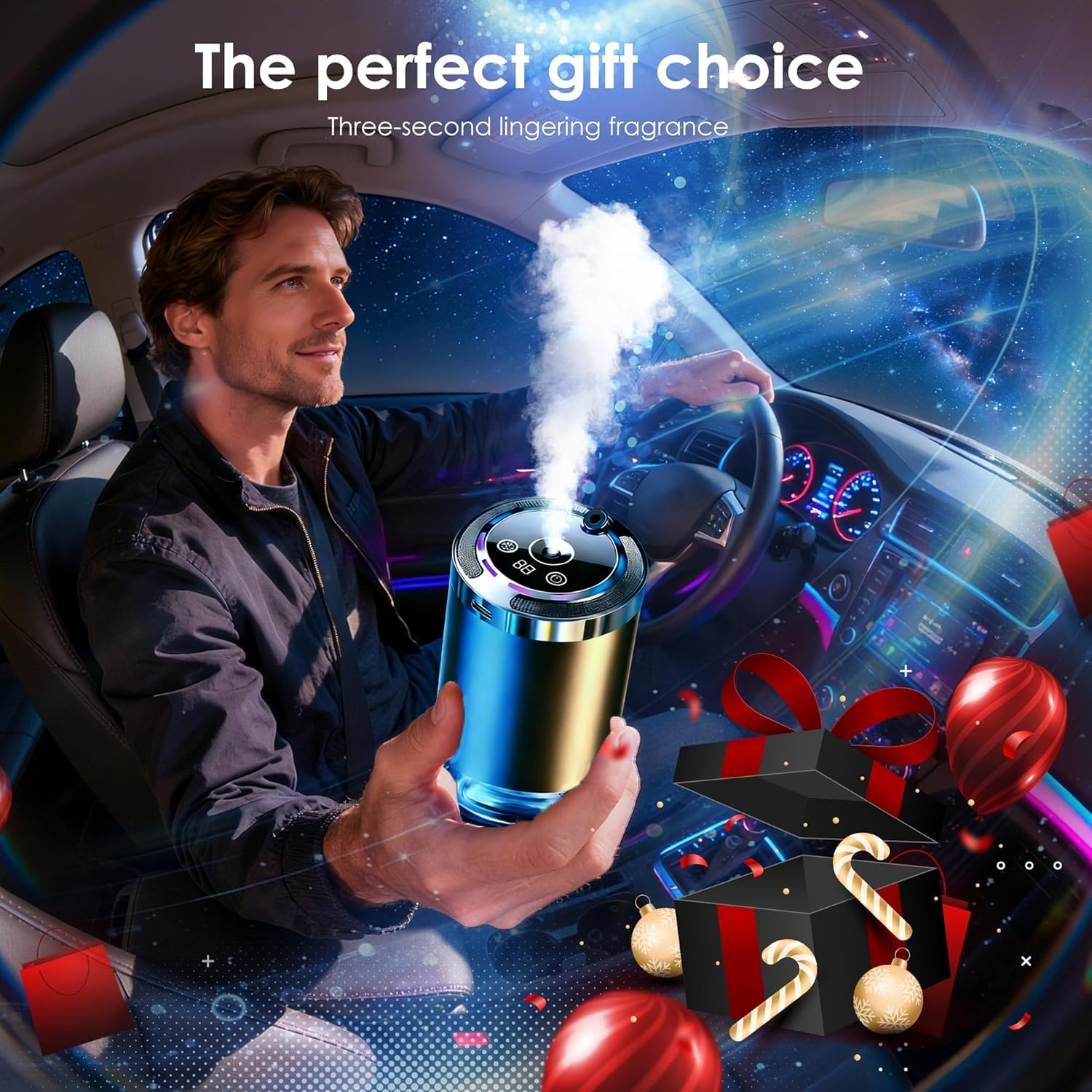 Smart Car Air Freshener, Car Air Freshener Diffuser with Ambient Light and 3 * 50ml Ocean Fragrance, Auto-Sensing Spray, 5 Mode Adjustable Rechargeable Aroma Diffuser