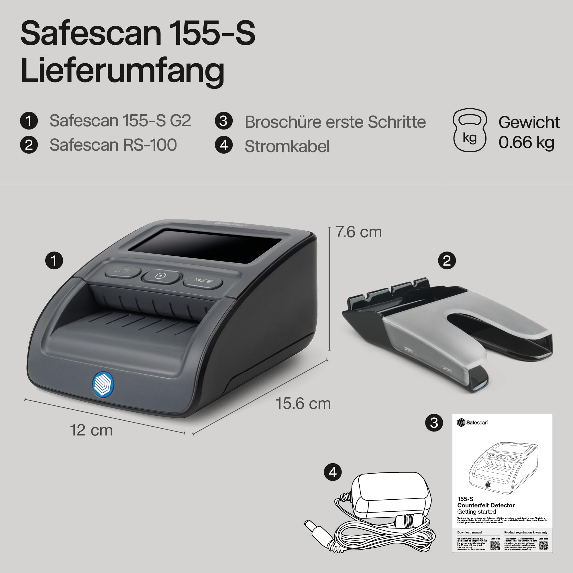 Safescan 155-S & RS-100 automatischer Geldscheinprüfer zur schnellen Überprüfung von Geldscheinen - Falschgeldprüfgerät mit 7-facher Echtheitsprüfung - 100% genaues Prüfgerät inkl. Banknotenstapler