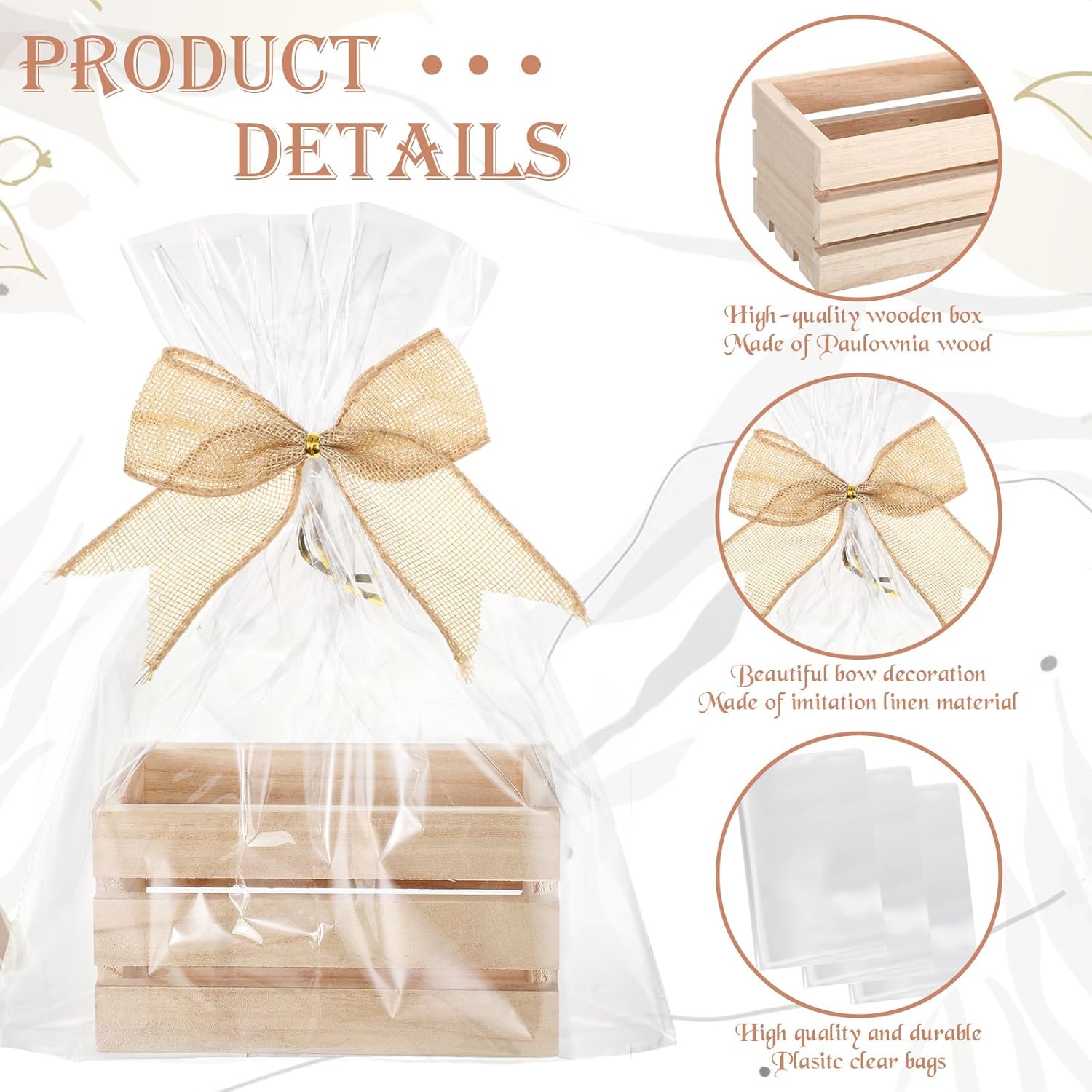 12 Pcs Baskets for Gifts Empty Kit Small Crates Unfinished Wooden Storage Box 12 Bows 12 Clear Treat Bags for Craft Gift Baskets Wedding Anniversaries Birthday Home Decor(Wood Color)