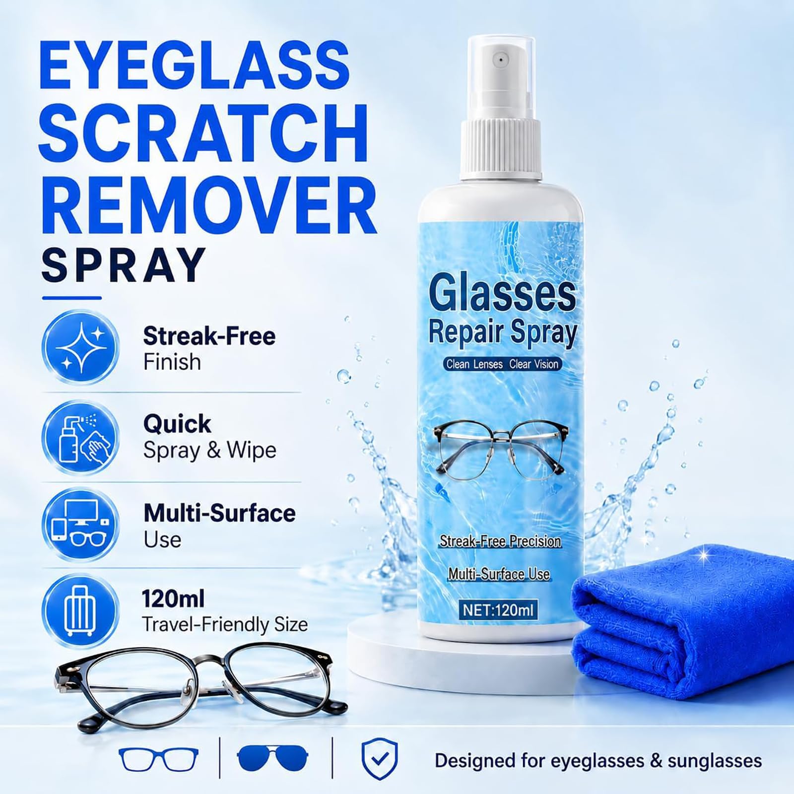 Spray per la rimozione dei graffi dalle lenti degli occhiali, spray professionale per la riparazione dei graffi sulle lenti, liquido detergente da 120 ml per la riparazione di occhiali (3PCS)