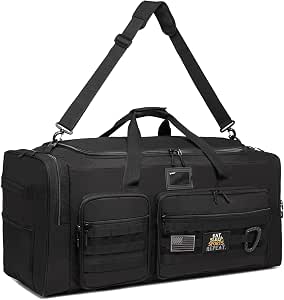Military Tactical Duffle Bag - Black Heavy Canvas, Backpack Straps, 34x15x12 Inches, Waterproof Bottom, Lockable
