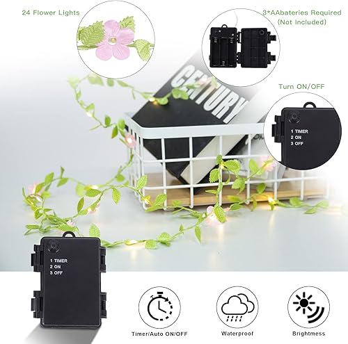 Miniatura 10 de Vigdur 2 paquetes de luces de vid  Cadena de luces de hiedra de hojas pequeñas con 48 luces de flores, funciona con pilas, impermeable, para