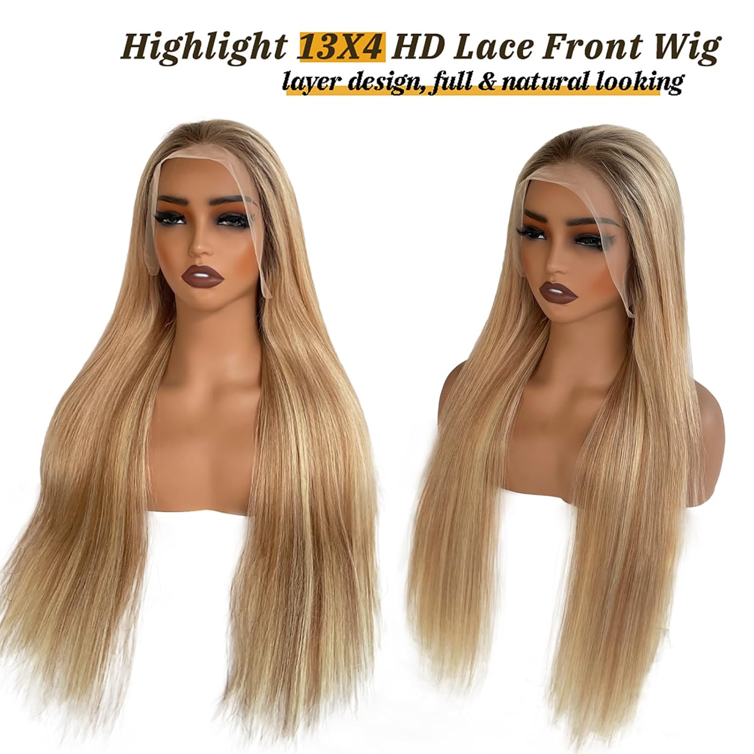 Highlight Blonde Lace Front Wigs Human Hair Ombre 13x4 Transparent Honey Blonde Glueless Lace Frontal Wig 100% Brazilian Remy Human Hair for White Women 16" (Can Be Curled)