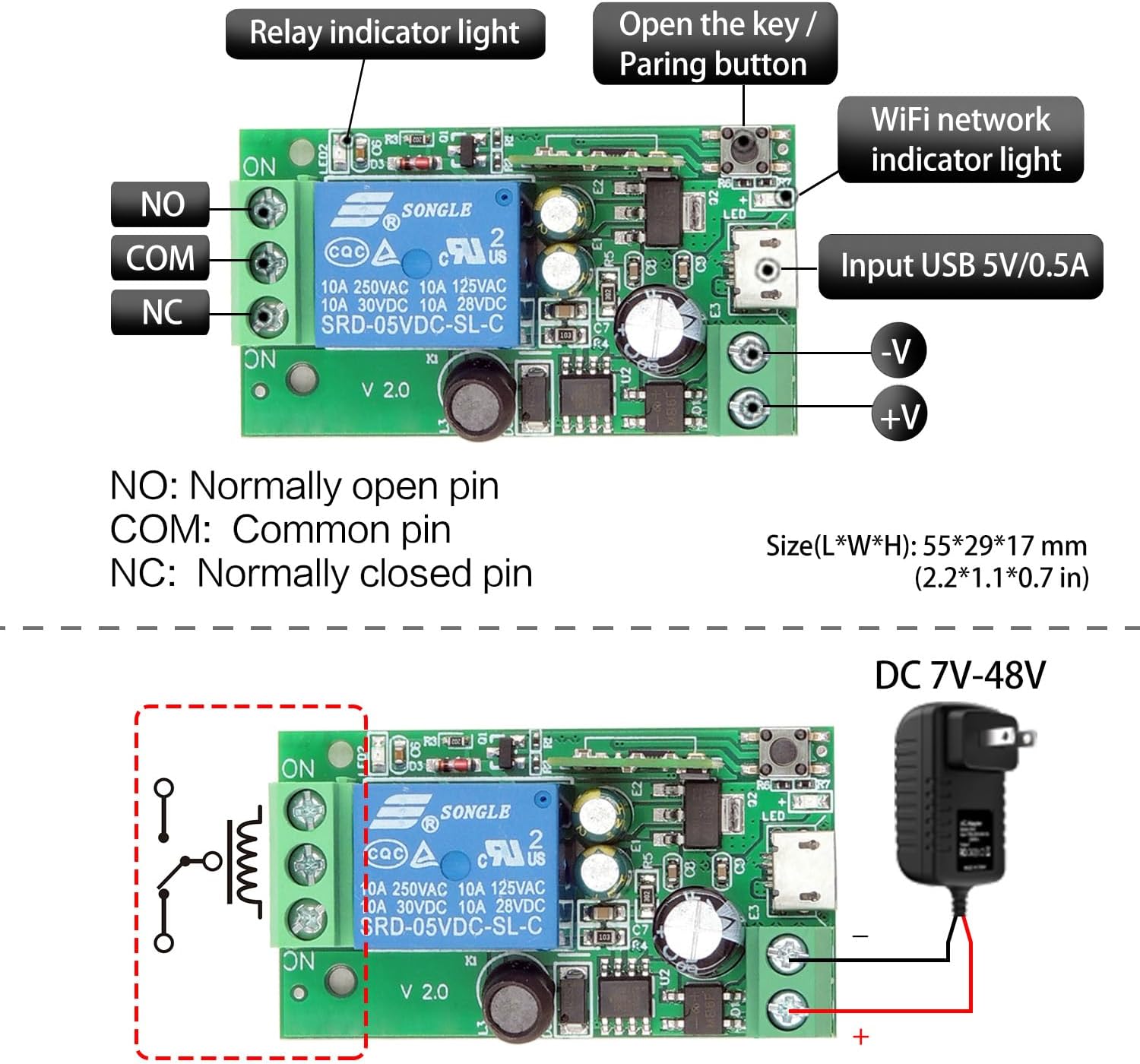 Деталдаштырылган view of DieseRC module terminals and power input options