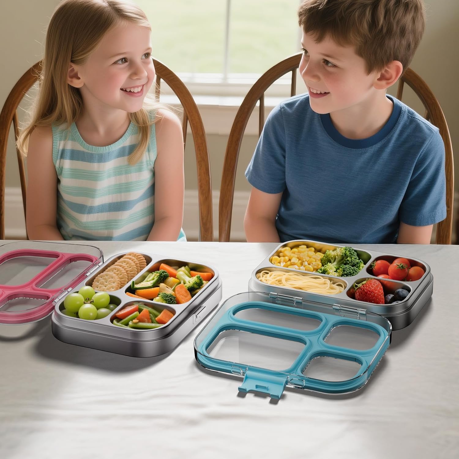 G.a HOMEFAVOR Stainless Steel Lunch Box - 4 Compartments Bento Box for Kids, Leakproof Food Container for School, Office, Dishwasher Safe, BPA-Free, 27 oz, Blue - Image 7