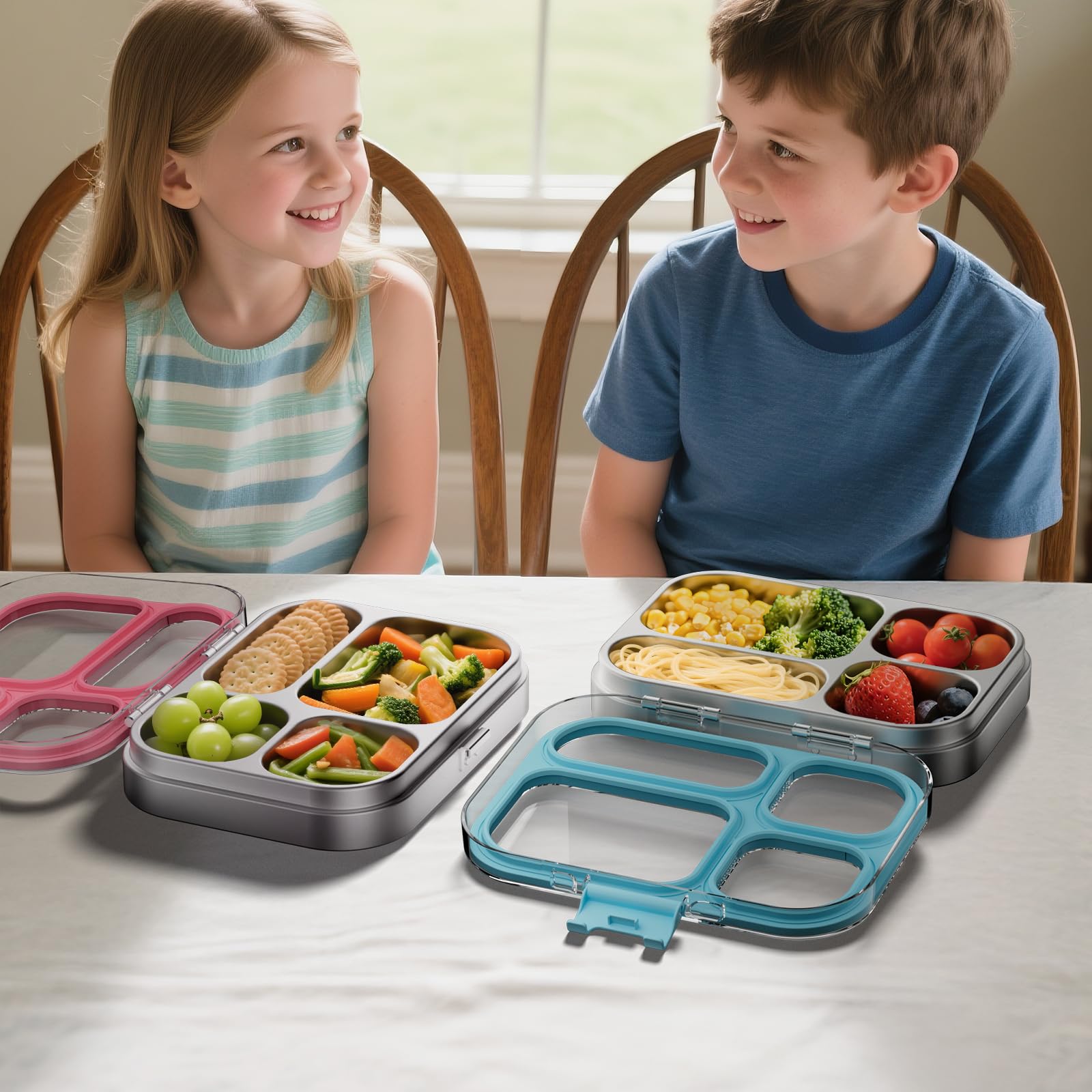 G.a HOMEFAVOR Boîte Bento en Acier Inoxydable 304 800ml pour enfants Boîtes-Repas 4 Compartiments Boîte Lunch Boite pour Le Déjeuner Alimentaires Bento Box étanches, lavable au lave-vaisselle, Bleu