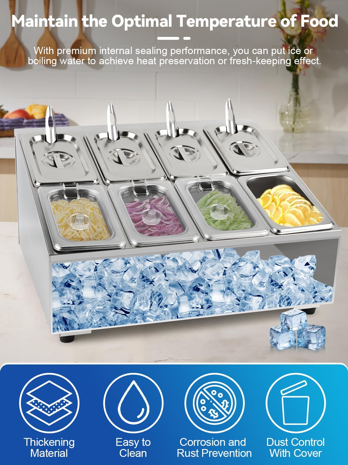 TOROKOM Contenitore per pizza, in acciaio inox, con coperchio, cucchiai, supporto inclinato per buffet, salse, marmellate, frutta, ingredienti da cucina (2 file e 8 padelle)