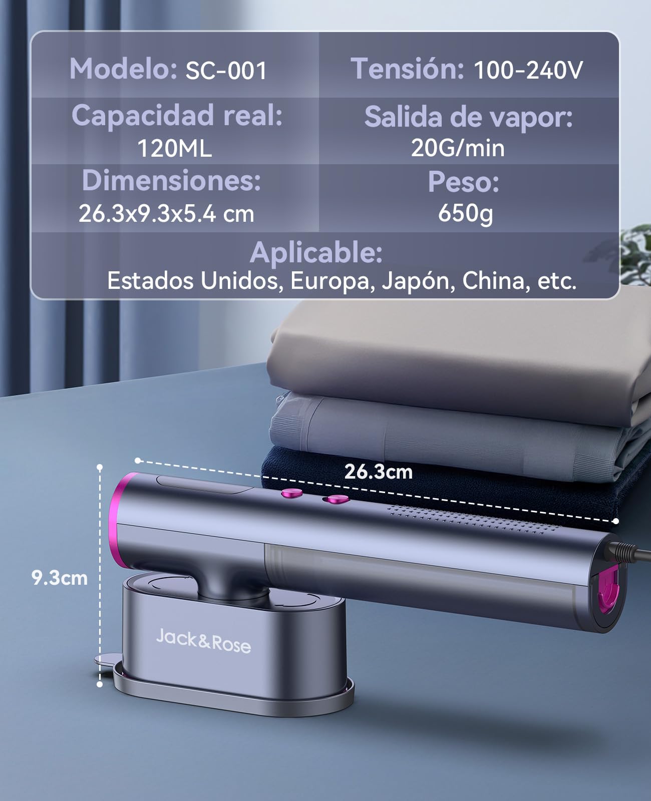 Plancha de Vapor Viaje con voltaje mundial, 100-240V plancha vapor, Vapor continuo 22g/min Calentamiento rápido en 15s, 3 modos de planchado, 1000W Steamer para viajes y en casa