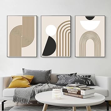 FSZSEES Boho Wall Art Prints Set of 3 Minimalist Geometric Line Art Abstract Mid Century Black Beige Boho Canvas Painting Modern Poster Wall Decor for Bedroom Living Room Office 16x24 Inch, Unframed